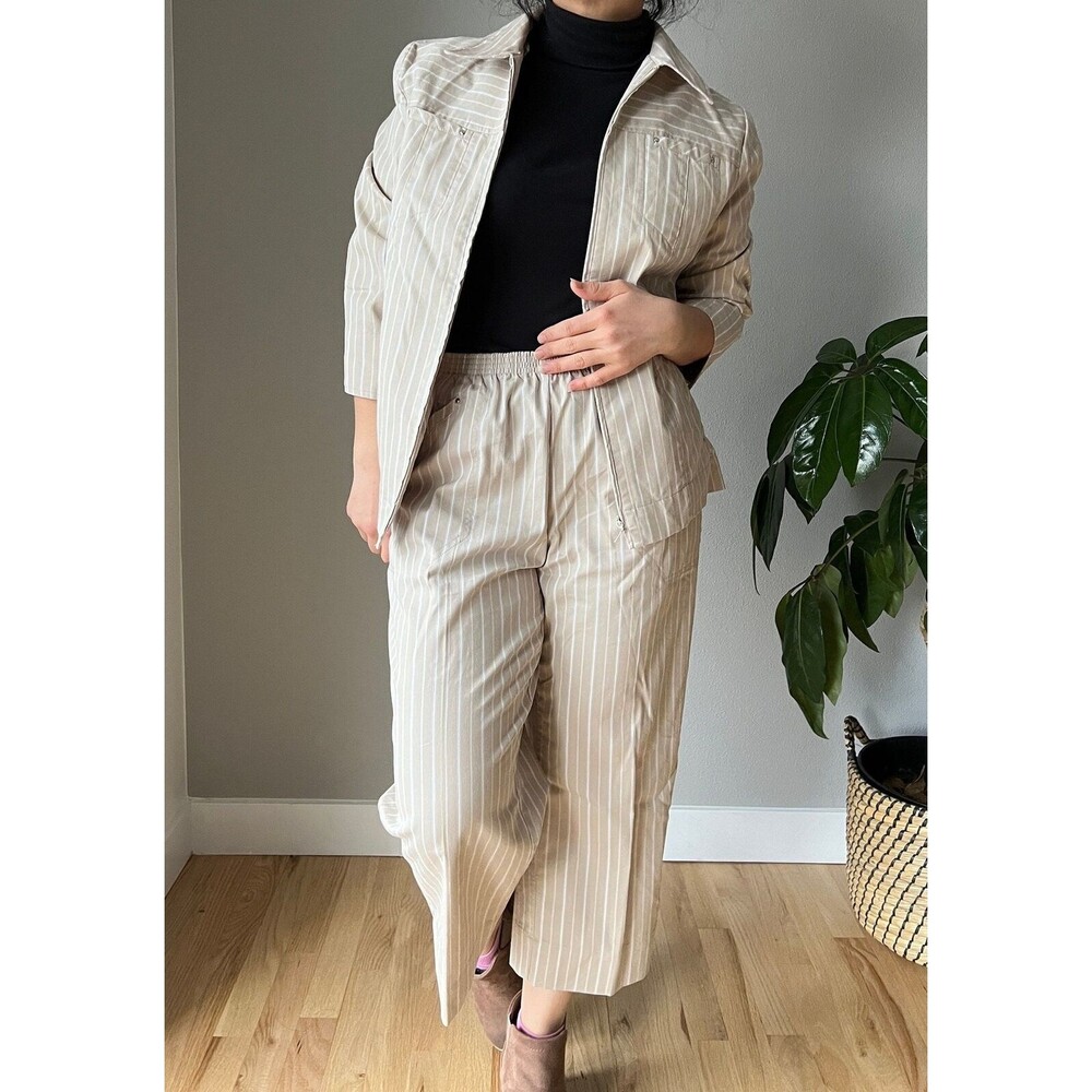 vtg 90s beige striped pant suit retro market set western jacket cropped size‎ 8
